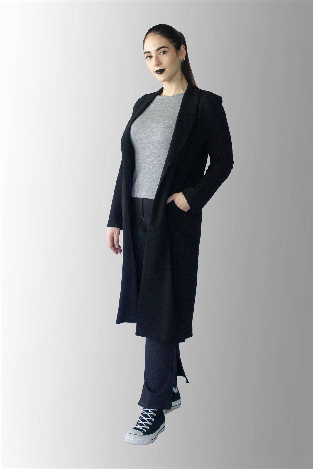 Abrigo Leiden chica largo de cuello esmoquin color negro, sin forrar, de corte recto y manga sastre - Imagen 1